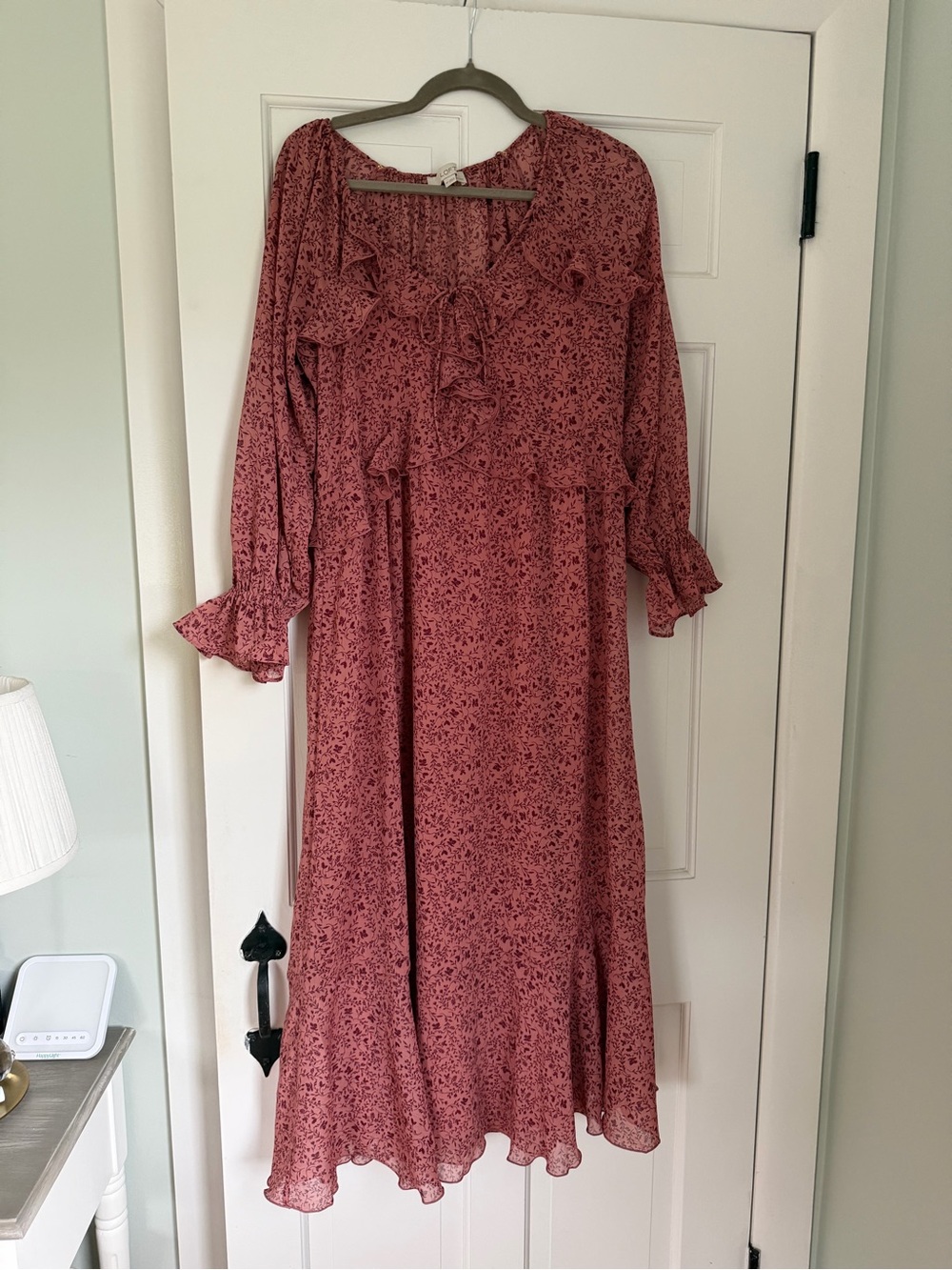 LOFT Dusty Rose Floral Maxi Dress with Ruffle Tie Neck